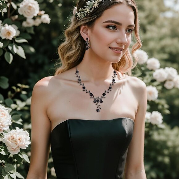 Elegant Bridal Jewelry Set: Crystal Dangle Earrings & Pendant Necklace - Black - Picture 4 of 7